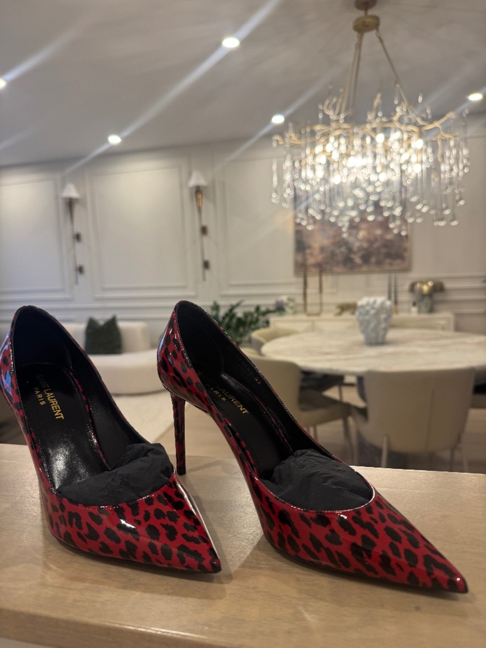 NWT Saint Laurent Zoe 85 Red Leopard Patent Pumps Size 37